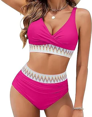 maisdgop High Waisted Bikini Sets for Women V Neck Tummy Control Swimsuits Comfy Soft Color Block Two Piece Bathing Suit