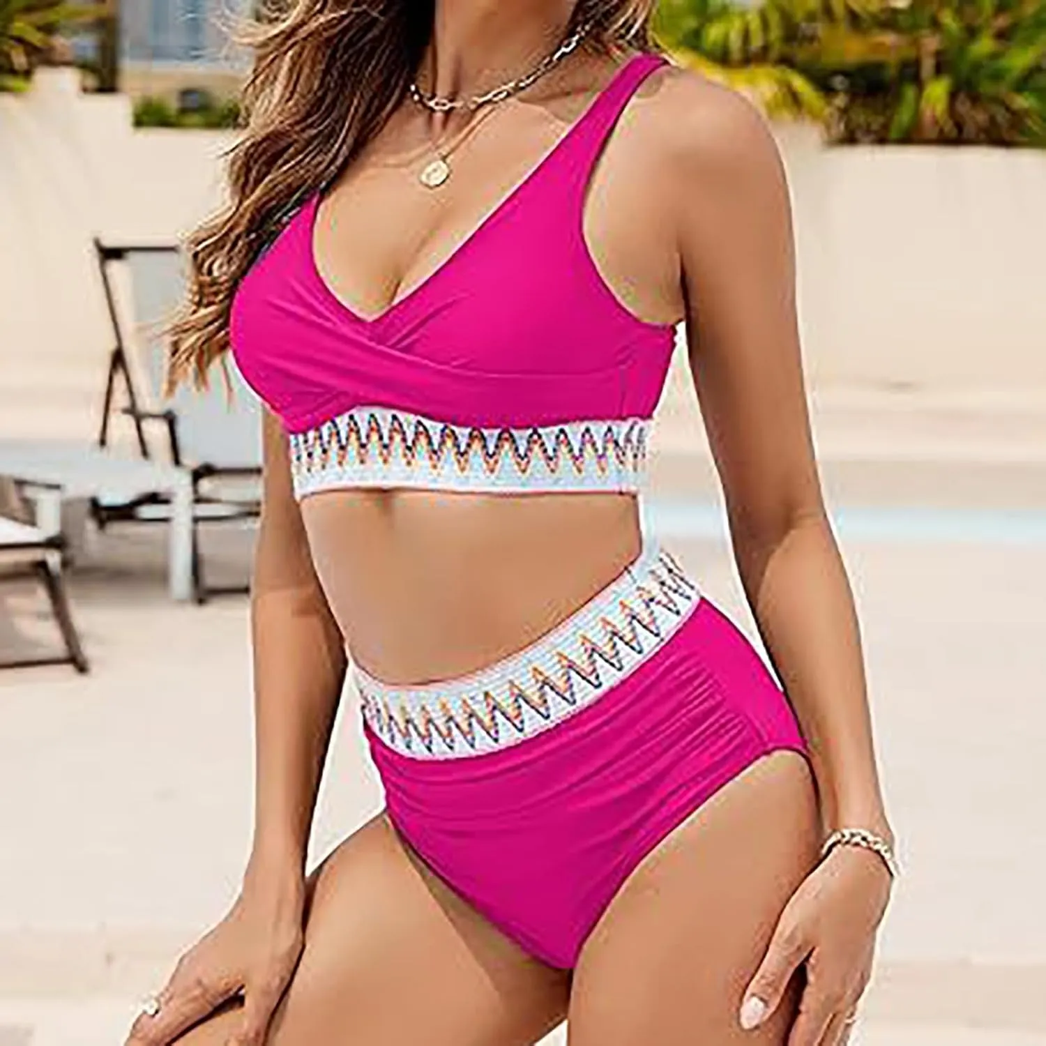maisdgop High Waisted Bikini Sets for Women V Neck Tummy Control Swimsuits Comfy Soft Color Block Two Piece Bathing Suit