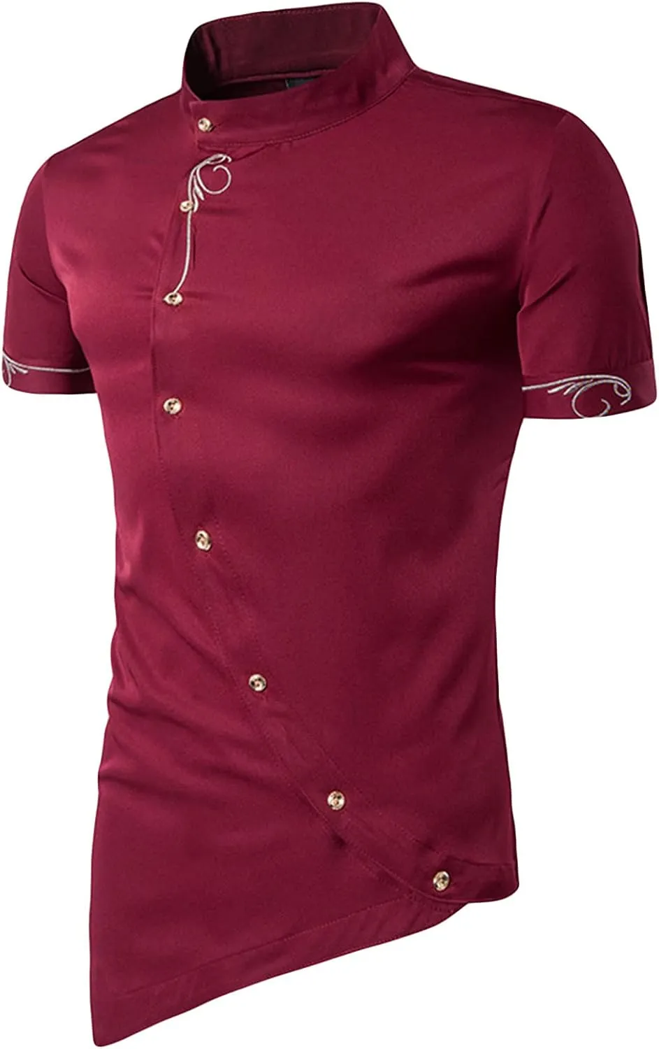 Maiyifu-GJ Mens Irregular Banded Collar Shirts Short Sleeve Muscle Embroidery Shirt Casual Button Down Slim Fit Dress Shirt