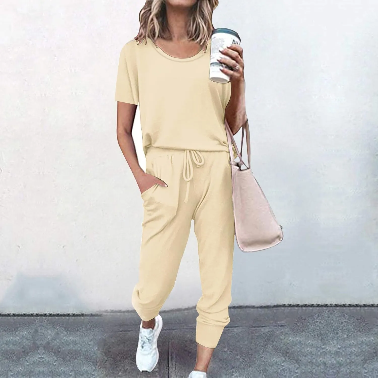 Matching Sweat Sets for Women Cute Short Sleeve Crew Neck Pullover T Shirts Tracksuits Two Piece Outfits with Pockets