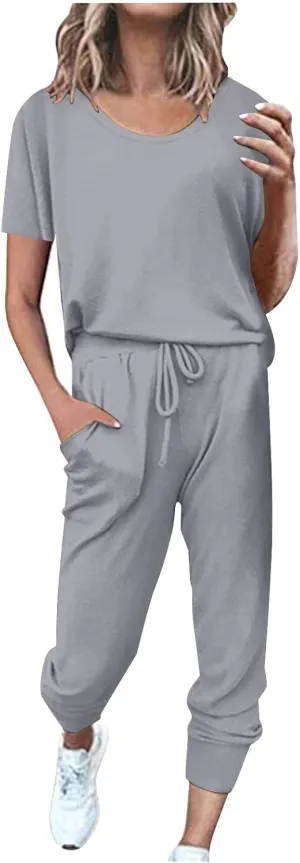 Matching Sweat Sets for Women Cute Short Sleeve Crew Neck Pullover T Shirts Tracksuits Two Piece Outfits with Pockets