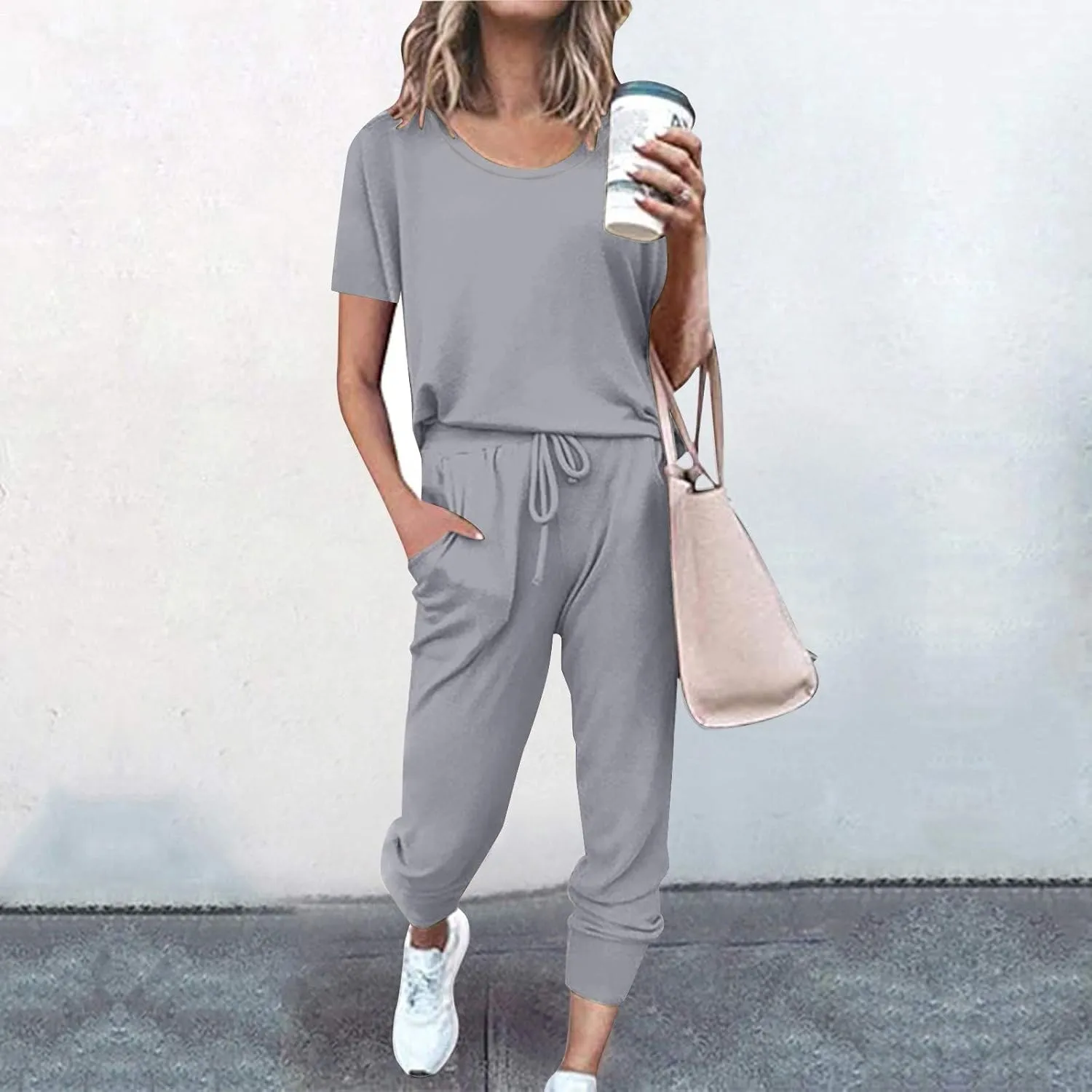 Matching Sweat Sets for Women Cute Short Sleeve Crew Neck Pullover T Shirts Tracksuits Two Piece Outfits with Pockets
