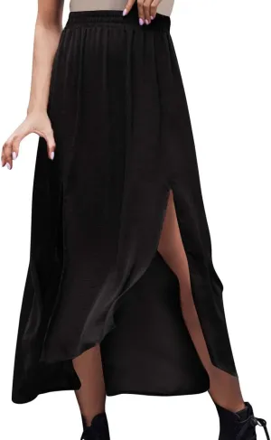 Maxi Skirt for Women Casual Flowy Split Ruffle High Low Beach Skirts Elastic High Waist Pleated A Line Long Skirts