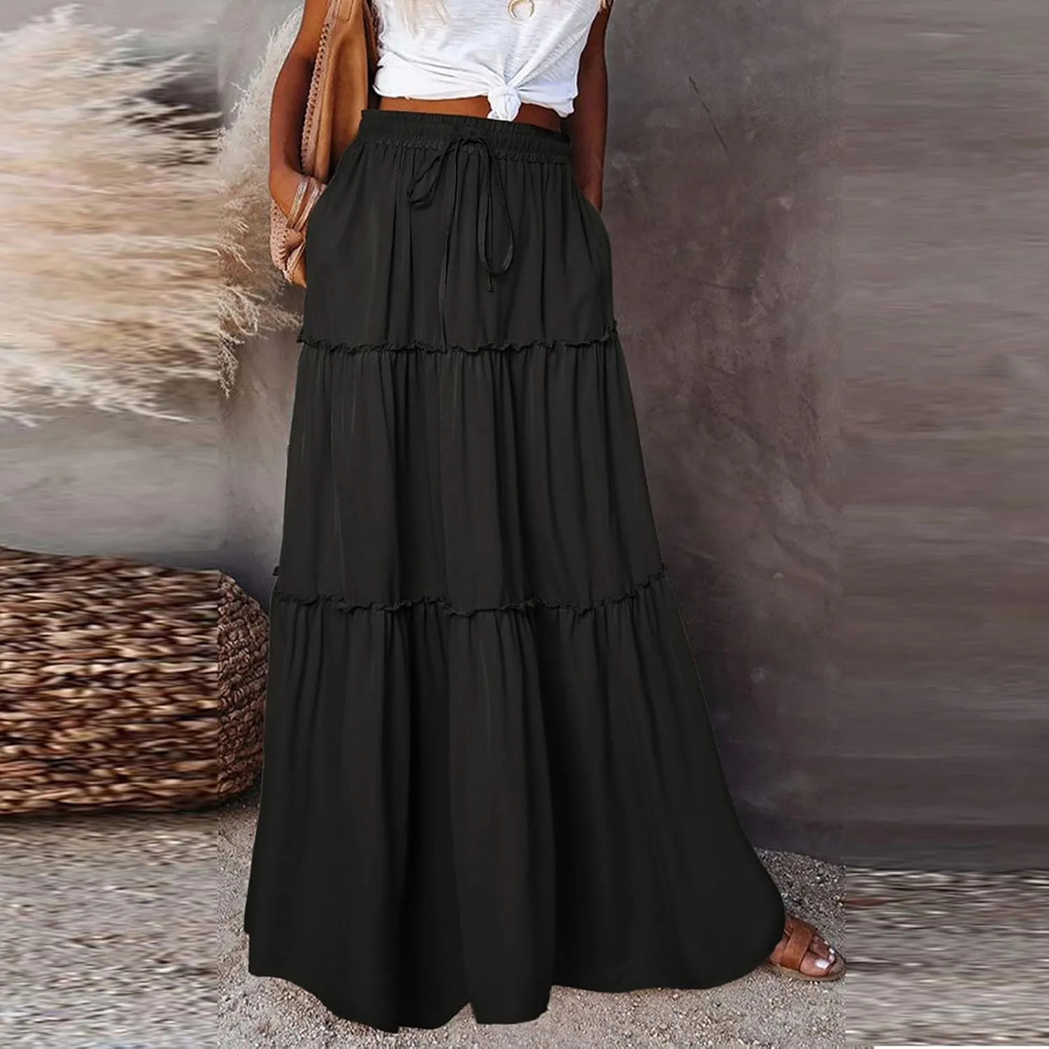 Maxi Skirts for Women Summer Floral Pleated Tiered Boho Flowy Elastic Waist Aline Spring Beach Vacation Long Skirt