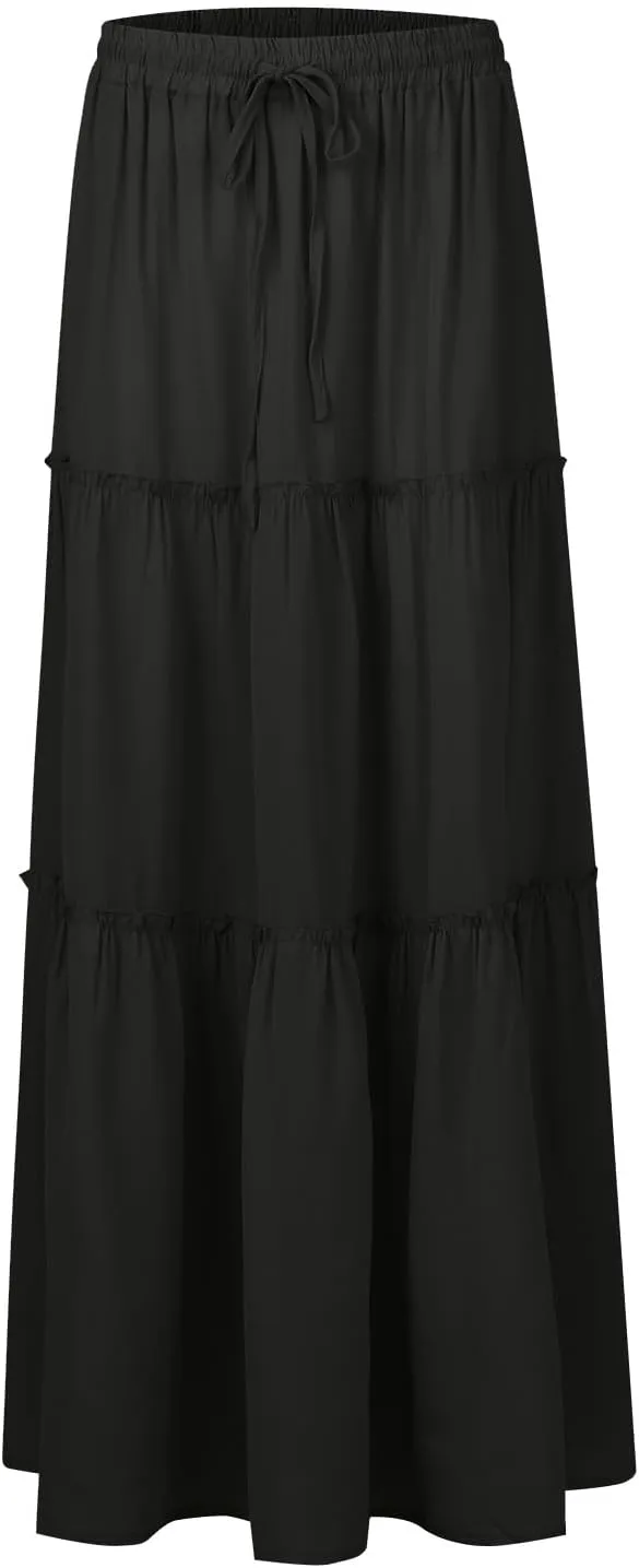 Maxi Skirts for Women Summer Floral Pleated Tiered Boho Flowy Elastic Waist Aline Spring Beach Vacation Long Skirt