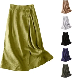 Maxi Skirts for Women Summer Loose Casual Trendy Button Solid Color Flowy Vacation Linen Skirt, M-2XL