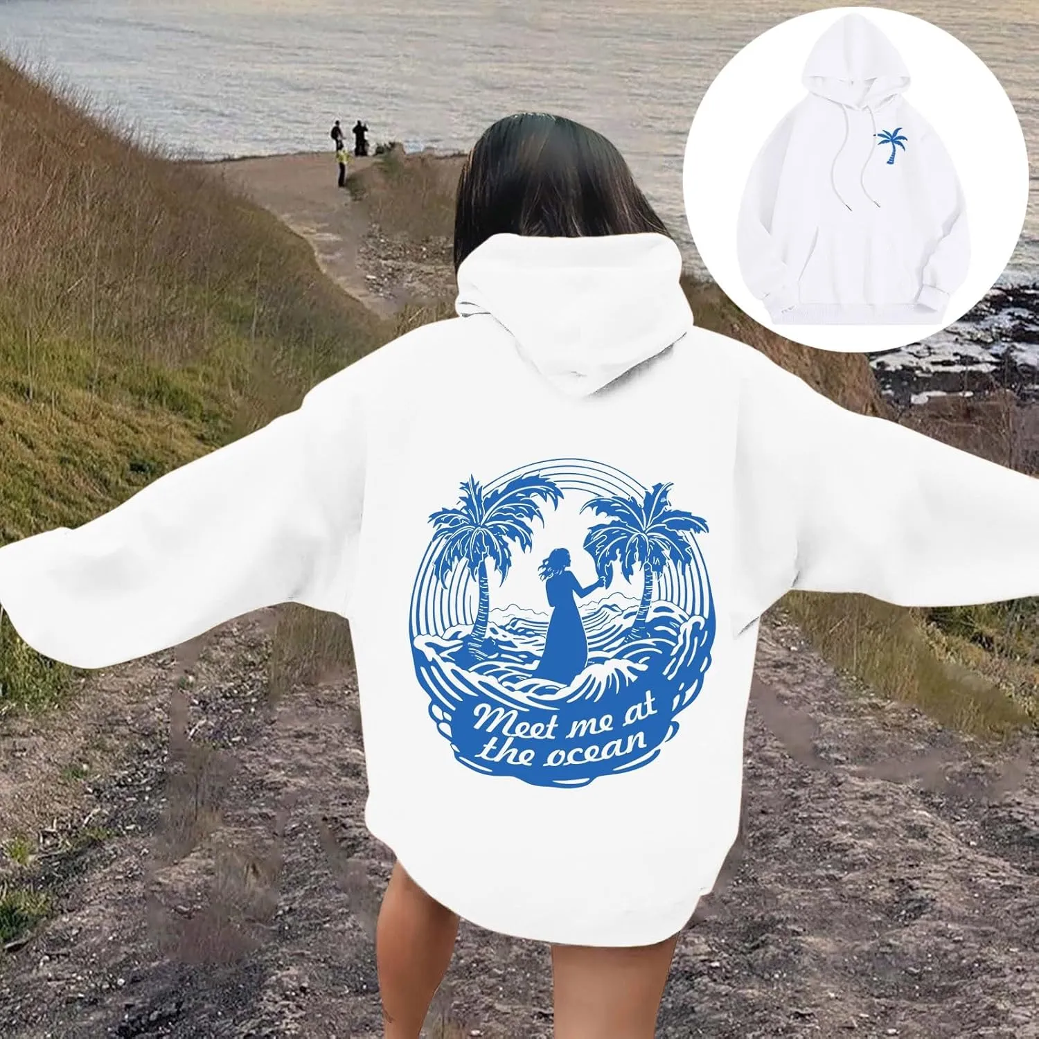 Meet Me at The Ocean Graphic Preppy Hoodies for Women Girls Cute Trendy Oversized Sweatshirts Long Sleeve Y2K Pullover Tops