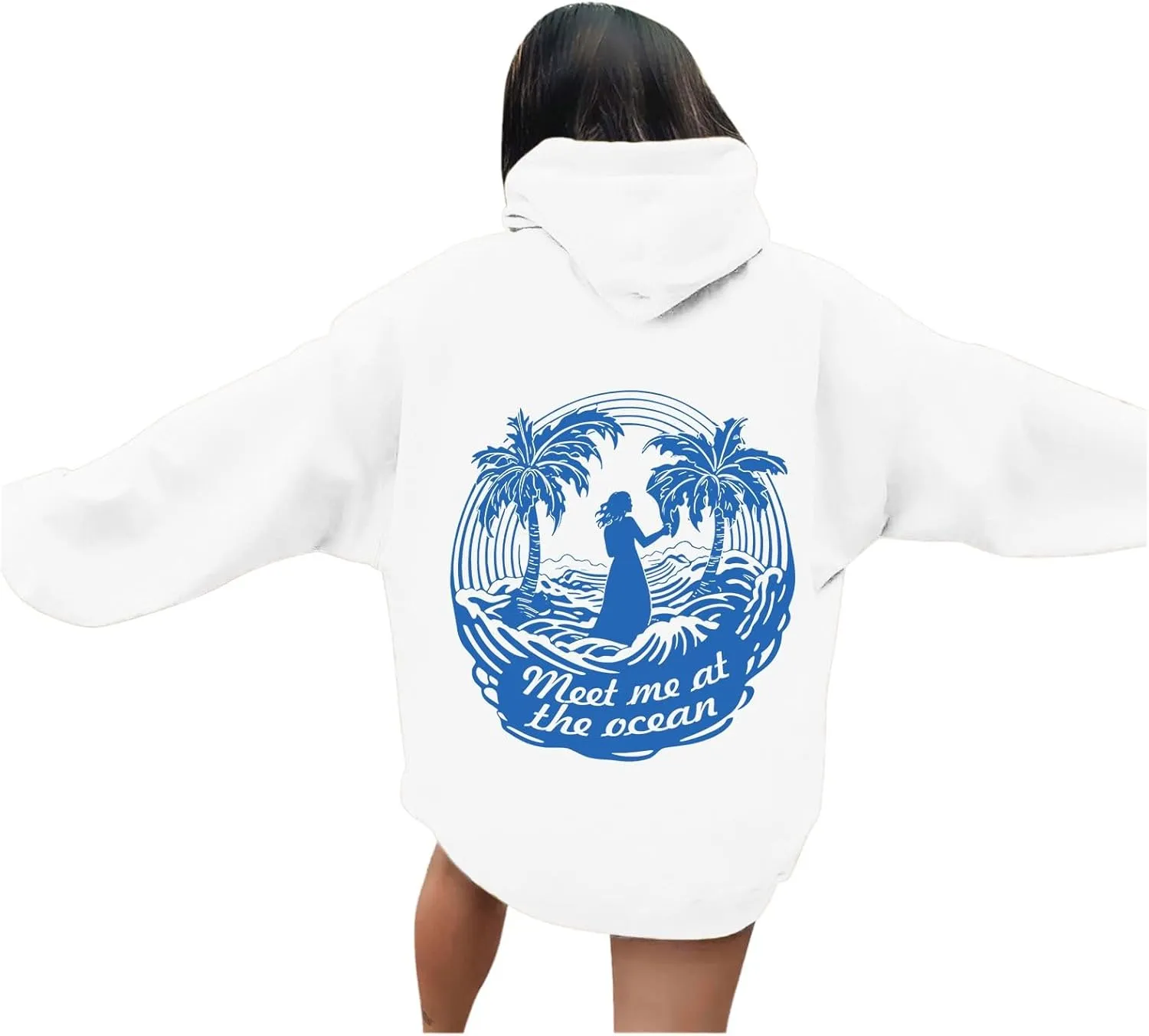 Meet Me at The Ocean Graphic Preppy Hoodies for Women Girls Cute Trendy Oversized Sweatshirts Long Sleeve Y2K Pullover Tops