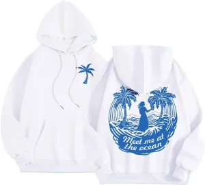 Meet Me at The Ocean Graphic Preppy Hoodies for Women Girls Cute Trendy Oversized Sweatshirts Long Sleeve Y2K Pullover Tops