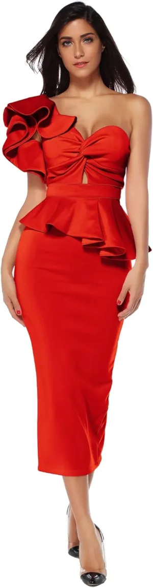 meilun Women Celebrity Evening Party Dress Bodycon Sets One Shoulder Ruffles Club Dress