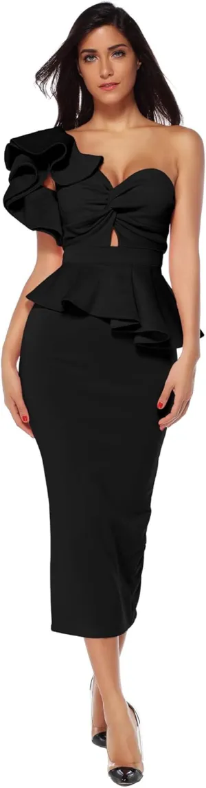 meilun Women Celebrity Evening Party Dress Bodycon Sets One Shoulder Ruffles Club Dress