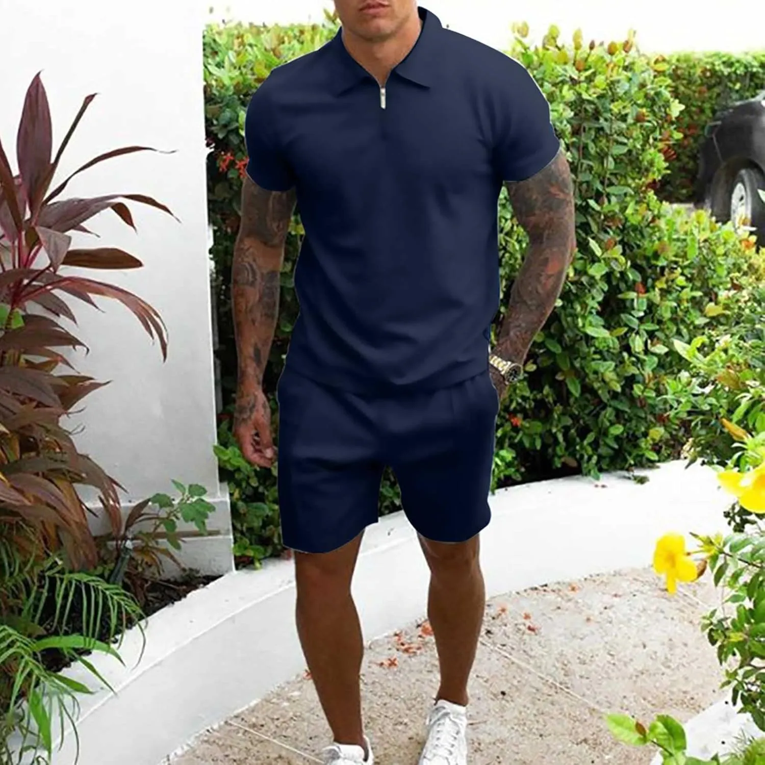 Men 2 Piece Zip Tracksuit Short Sleeve Polo Shirt and Shorts Sets Solid Color Summer Outfits Hawaii Beach Sweatsuit