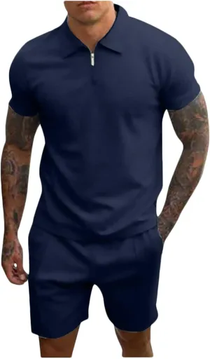 Men 2 Piece Zip Tracksuit Short Sleeve Polo Shirt and Shorts Sets Solid Color Summer Outfits Hawaii Beach Sweatsuit