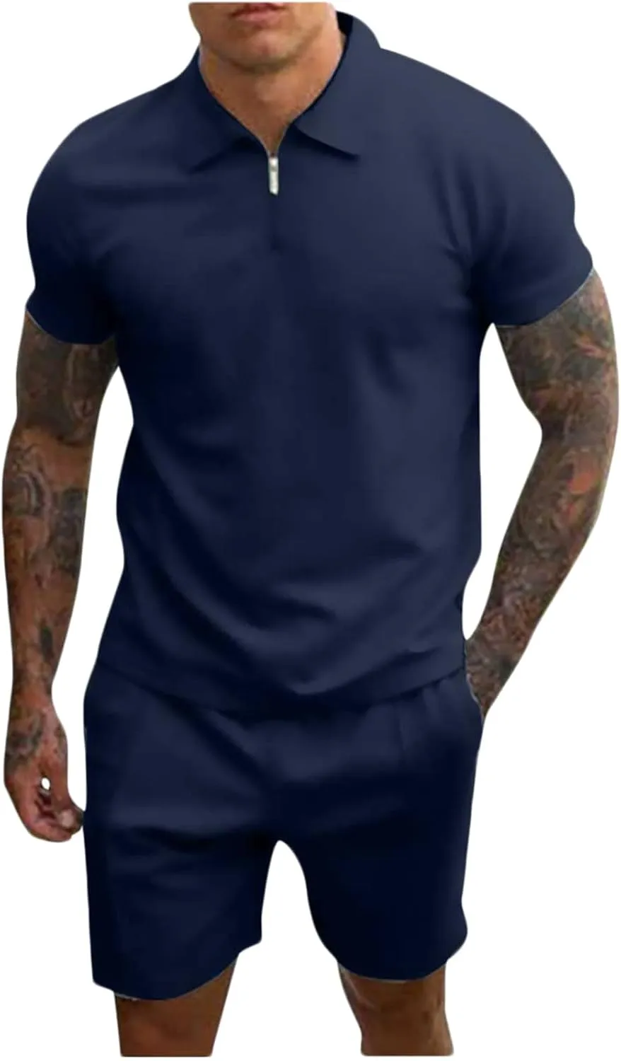 Men 2 Piece Zip Tracksuit Short Sleeve Polo Shirt and Shorts Sets Solid Color Summer Outfits Hawaii Beach Sweatsuit