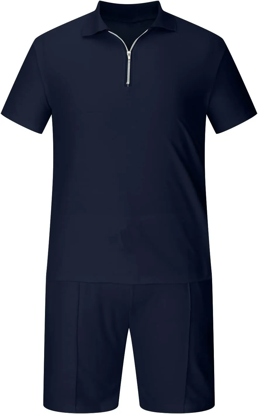 Men 2 Piece Zip Tracksuit Short Sleeve Polo Shirt and Shorts Sets Solid Color Summer Outfits Hawaii Beach Sweatsuit