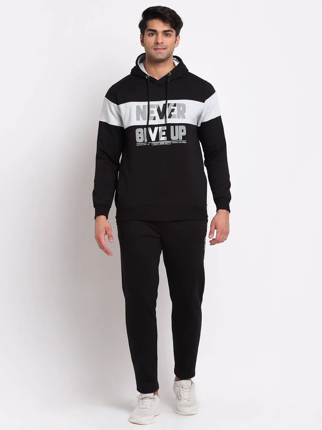 Men Black Hooded Hosiery Solid Track Suit