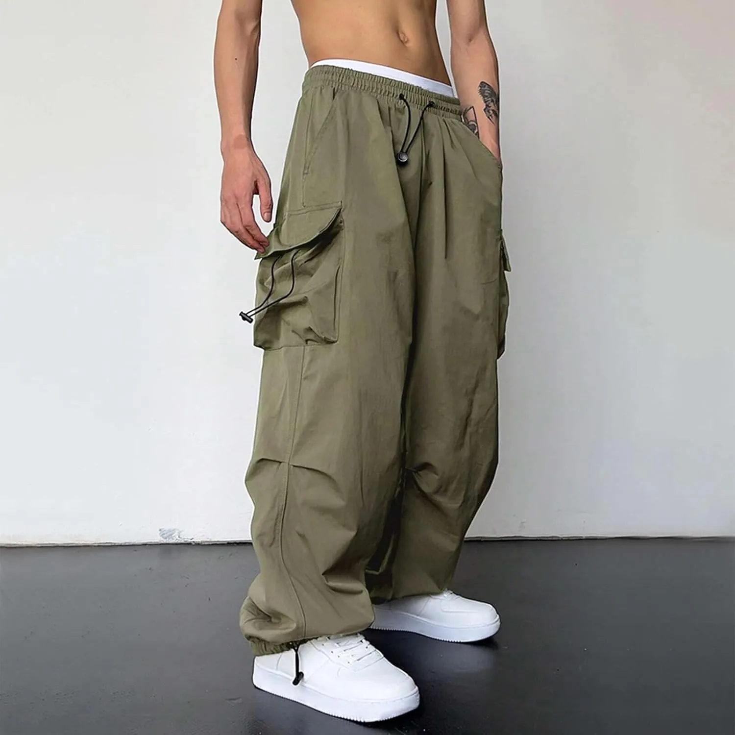 Men Cargo Joggers Pants Parachute Pants Lounge Drawstring Relaxed Fit Hip Hop Lightweight Stretch Loose Workout Pants