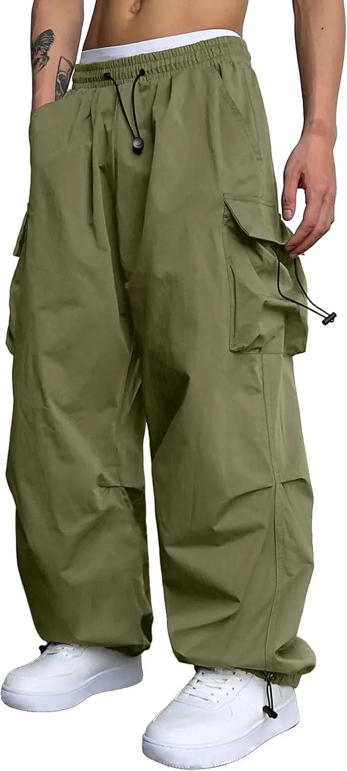 Men Cargo Joggers Pants Parachute Pants Lounge Drawstring Relaxed Fit Hip Hop Lightweight Stretch Loose Workout Pants