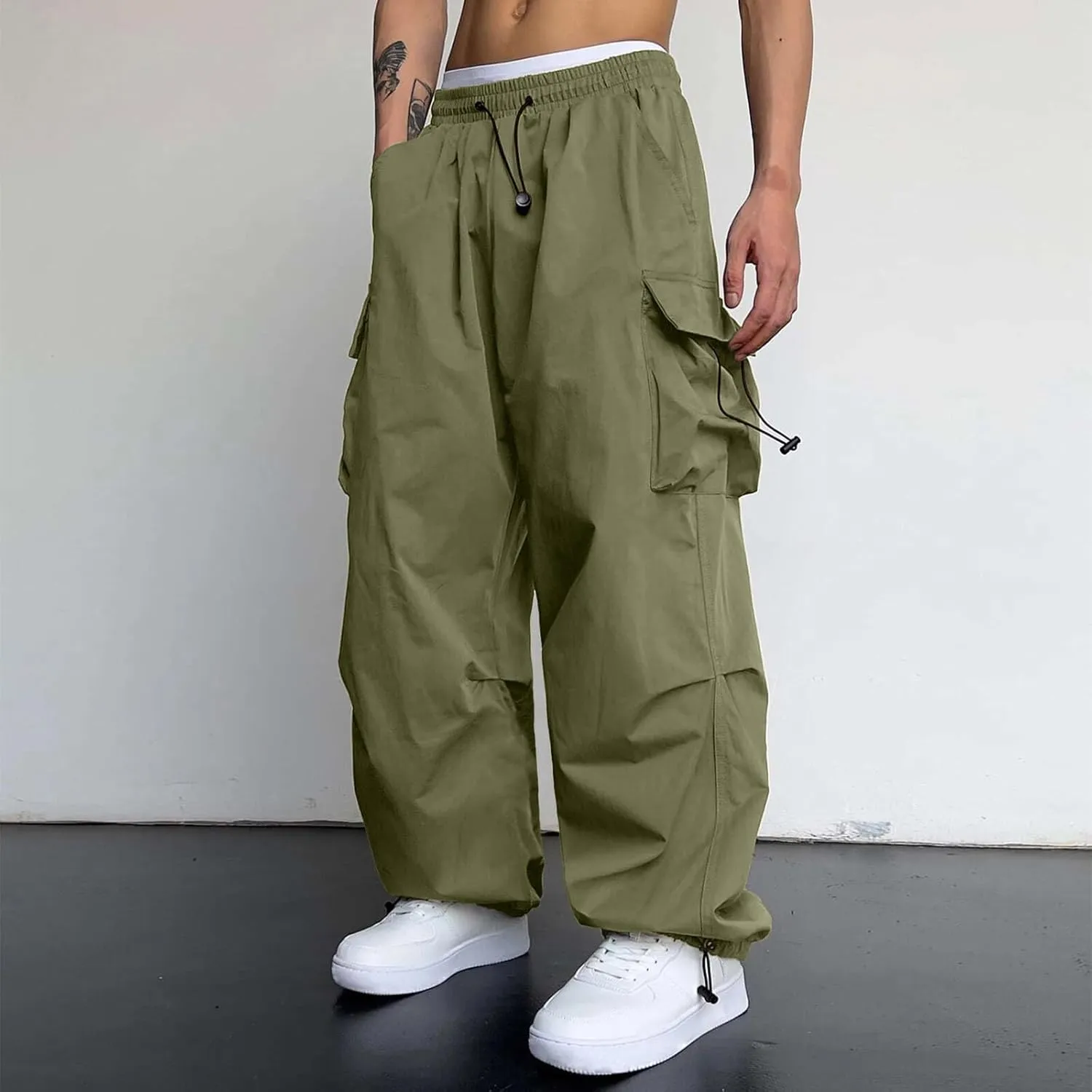 Men Cargo Joggers Pants Parachute Pants Lounge Drawstring Relaxed Fit Hip Hop Lightweight Stretch Loose Workout Pants