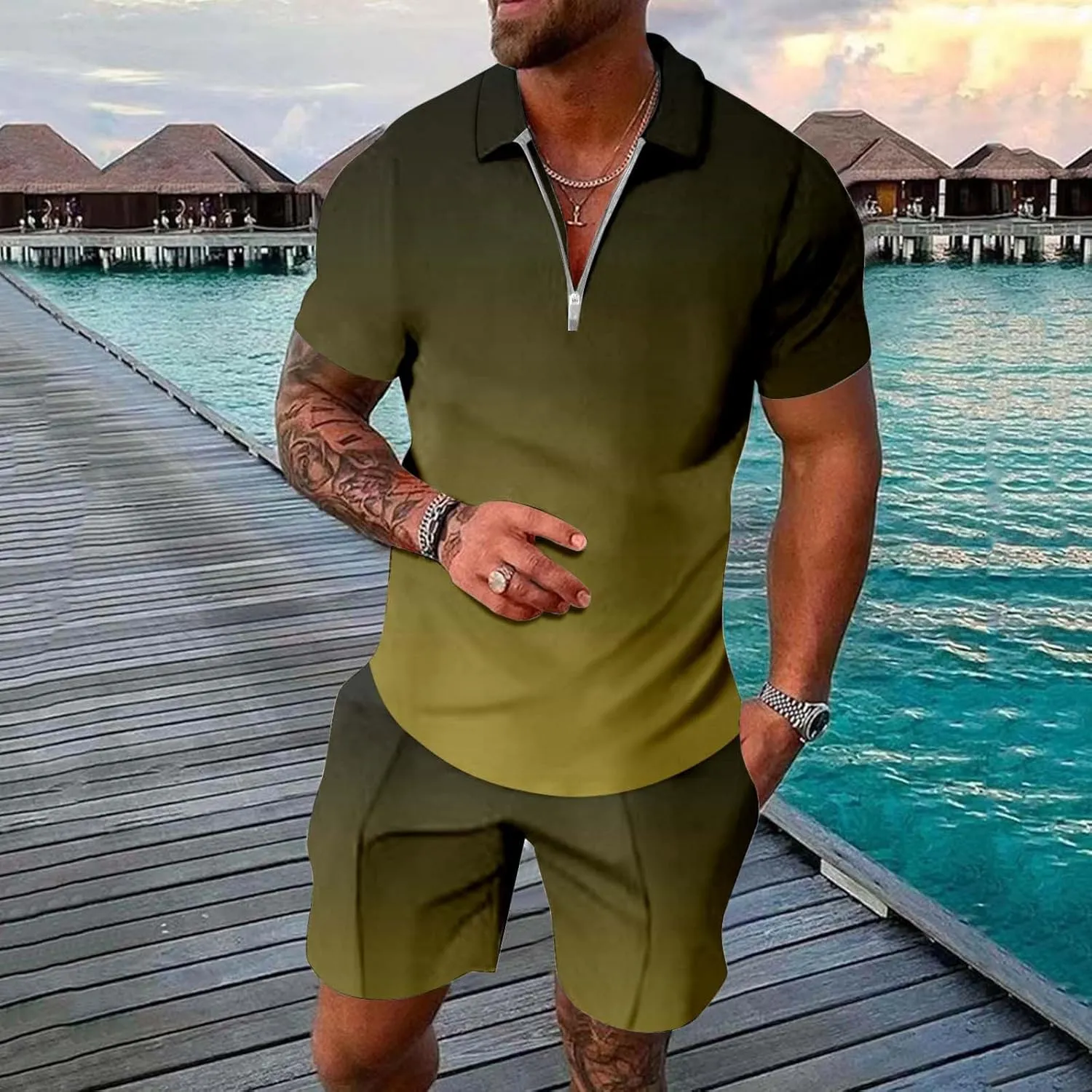 Men Short Sets Outfits Quarter Zip Shirts and Shorts Set Casual Gradient Vacation Summer Beach Soft Sport Suit