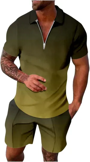 Men Short Sets Outfits Quarter Zip Shirts and Shorts Set Casual Gradient Vacation Summer Beach Soft Sport Suit