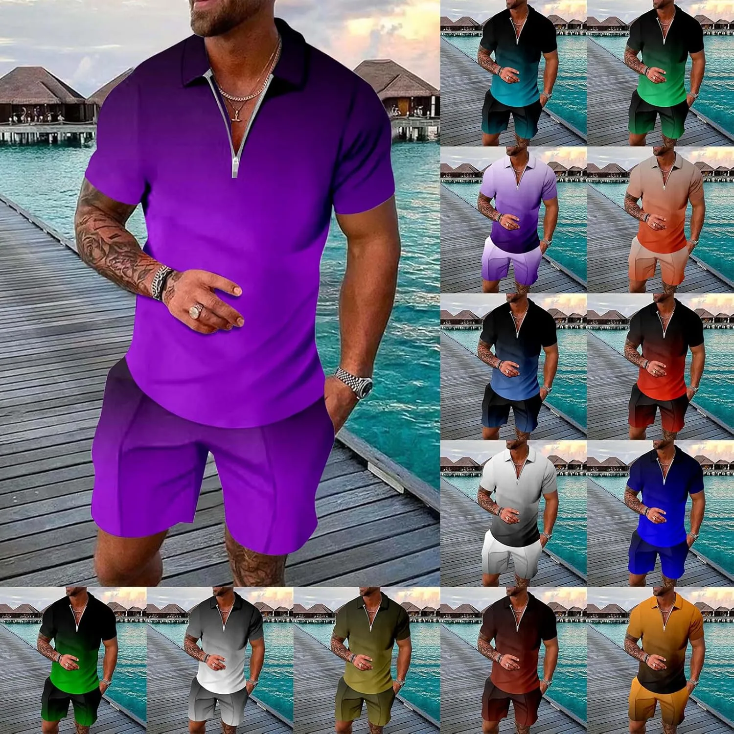 Men Short Sets Outfits Quarter Zip Shirts and Shorts Set Casual Gradient Vacation Summer Beach Soft Sport Suit