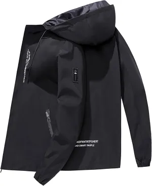 Men Zip Up Outdoor Jackets Waterproof Active Oversized Rain Coat Long Sleeve Windbreaker Hiking Quick Dry Hoodie with Pockets Jacket,Black,XL