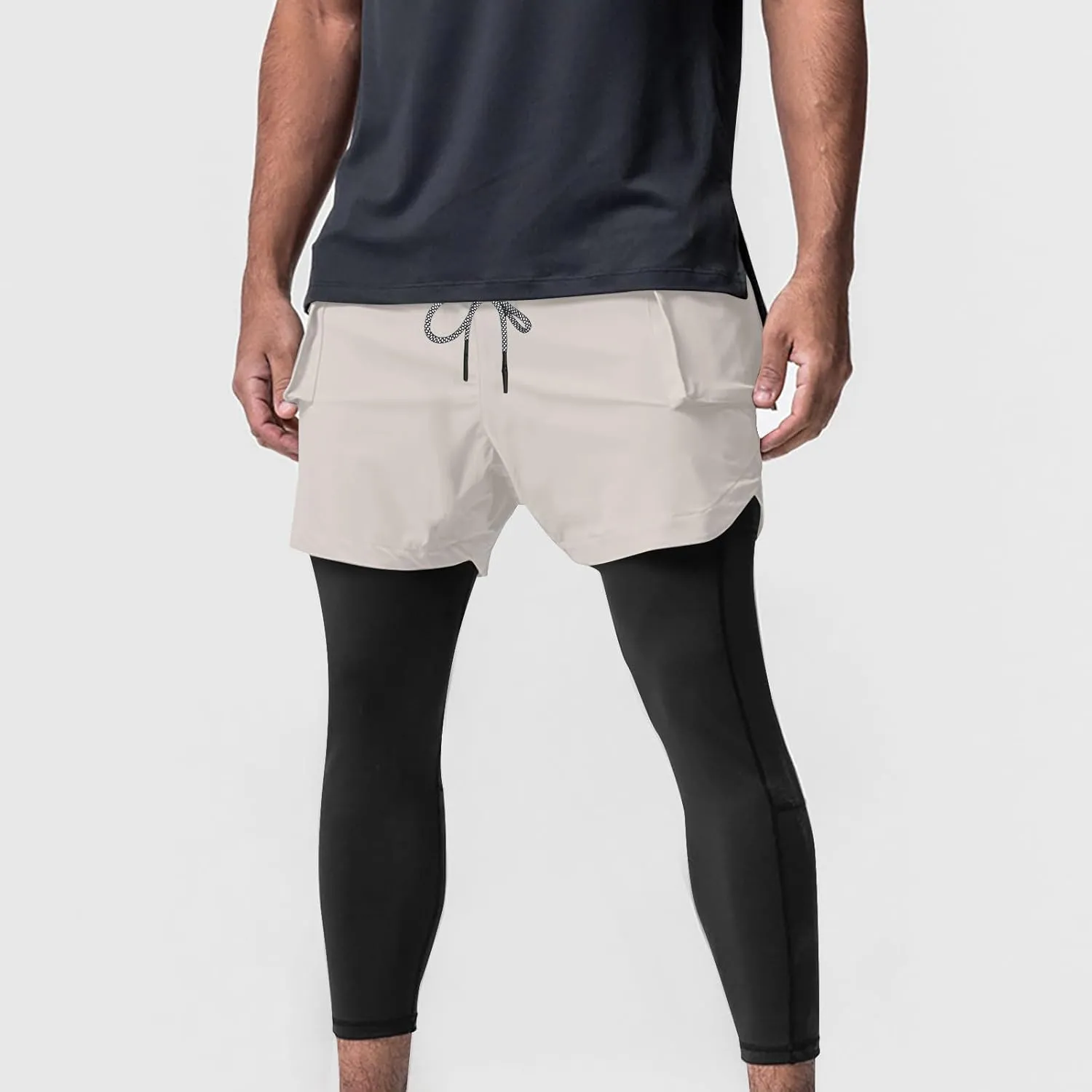 Mens 2 in 1 Running Pants Workout Compression Tights Zip Pockets Sweatpants Gym Leggings Jogger Trouser Sport Tracksuit