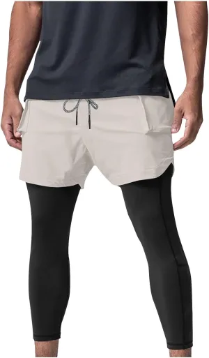 Mens 2 in 1 Running Pants Workout Compression Tights Zip Pockets Sweatpants Gym Leggings Jogger Trouser Sport Tracksuit
