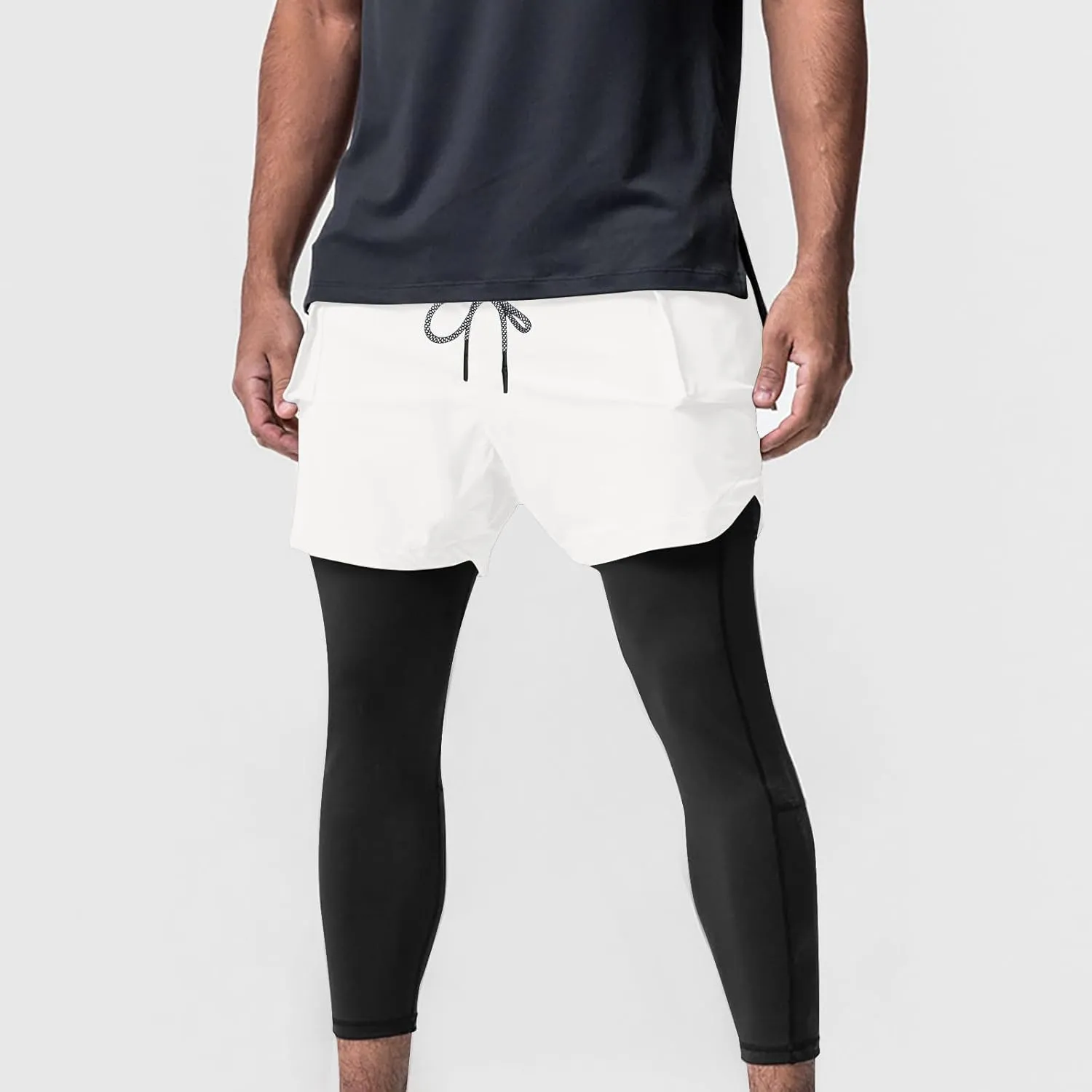 Mens 2 in 1 Running Pants Workout Compression Tights Zip Pockets Sweatpants Gym Leggings Jogger Trouser Sport Tracksuit