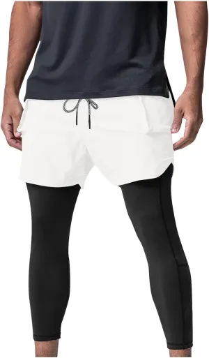 Mens 2 in 1 Running Pants Workout Compression Tights Zip Pockets Sweatpants Gym Leggings Jogger Trouser Sport Tracksuit