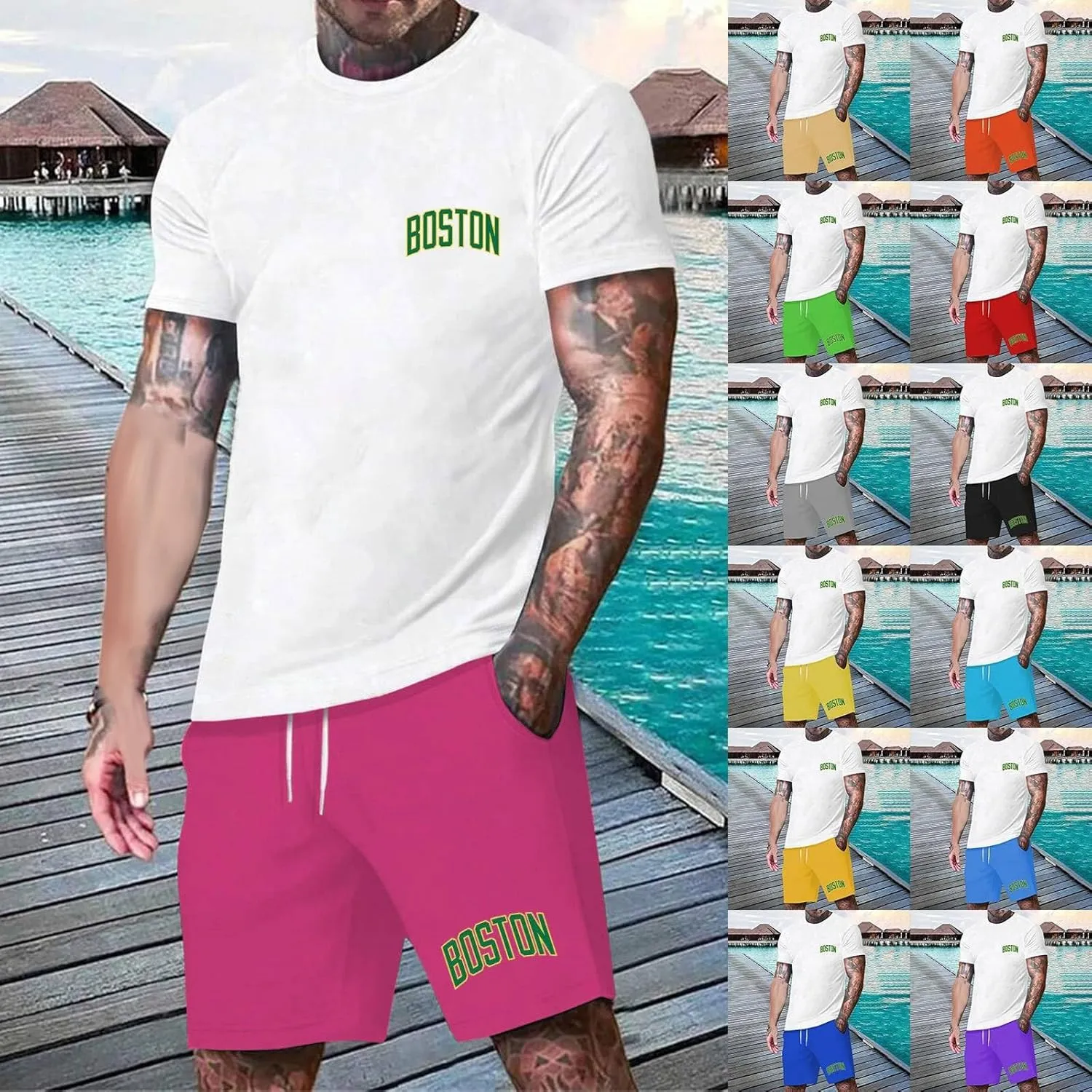 Men's 2 Piece Outfits Letter Printed Shirt and Shorts Set Crewneck T-Shirts Drawstring Short Summer Beach Sets