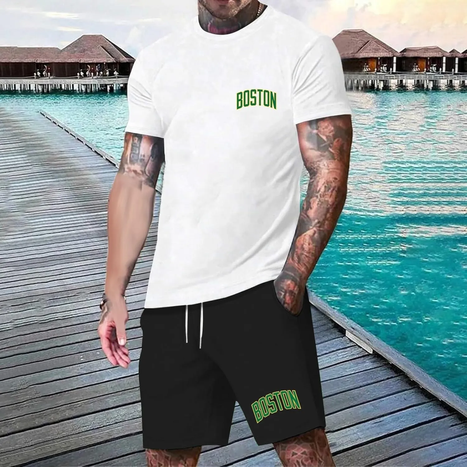 Men's 2 Piece Outfits Letter Printed Shirt and Shorts Set Crewneck T-Shirts Drawstring Short Summer Beach Sets