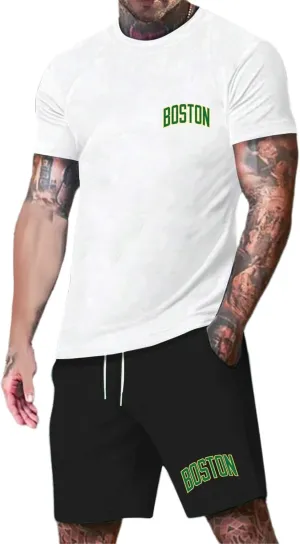 Men's 2 Piece Outfits Letter Printed Shirt and Shorts Set Crewneck T-Shirts Drawstring Short Summer Beach Sets