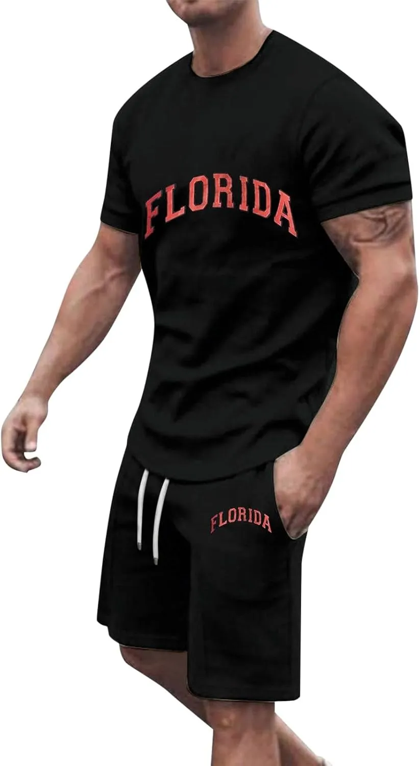 Mens 2 Piece Outfits Short Sleeve Letter Print Tee and Shorts Tracksuit Summer Vacation Beach Short Sets Mens Tops Tshirts Shirts