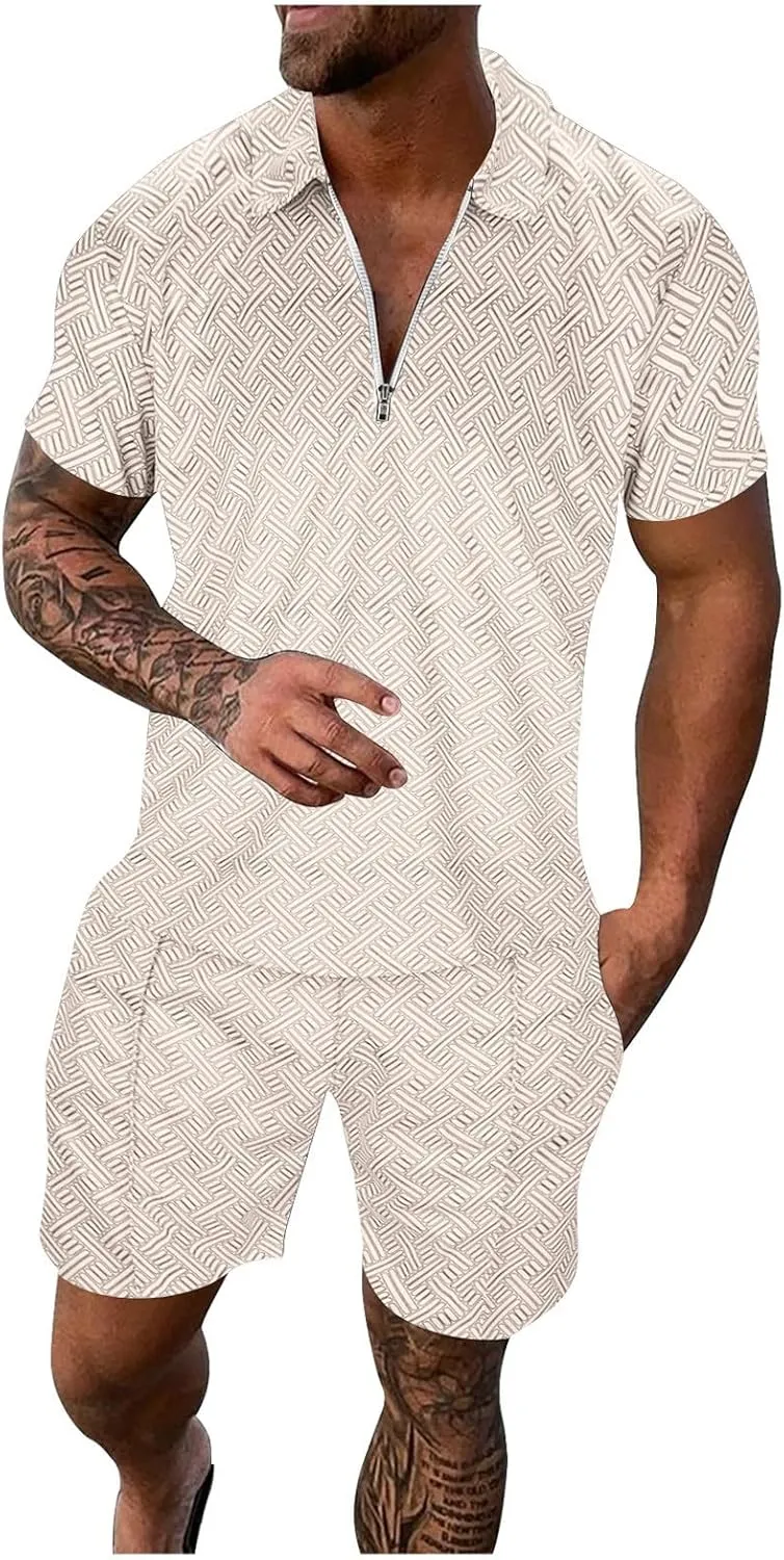 Mens 2 Piece Sets Outfits Summer Short Sleeve Shirt and Shorts Tracksuits Set Hawaiian Beach Wear Vacation Outfit Chino Shorts