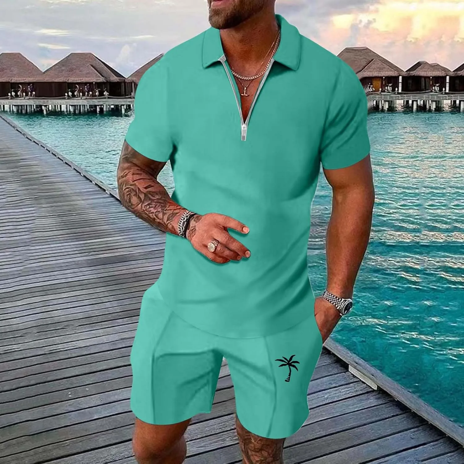 Men's 2 Piece Shorts Sets Casual Beach Outfits Coconut Tree Print Zipper Sport Shorts Set Casual Athletic Sweatsuits