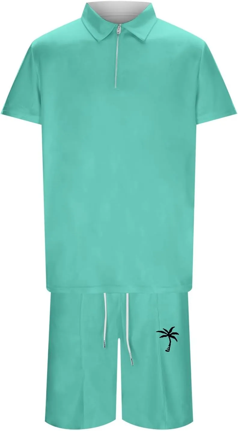 Men's 2 Piece Shorts Sets Casual Beach Outfits Coconut Tree Print Zipper Sport Shorts Set Casual Athletic Sweatsuits