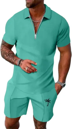 Men's 2 Piece Shorts Sets Casual Beach Outfits Coconut Tree Print Zipper Sport Shorts Set Casual Athletic Sweatsuits