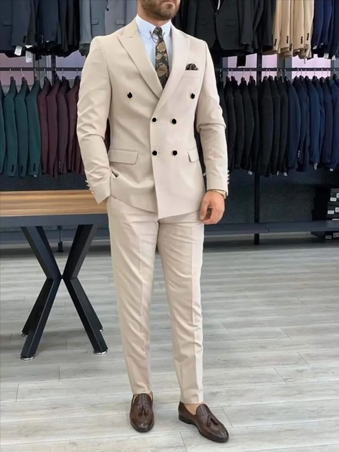 Men's 2 Piece Suits Double Breasted Tuxedo Sets for Men Slim Fit Blazer Jacket Pants Sets for Business Formal Wedding Prom