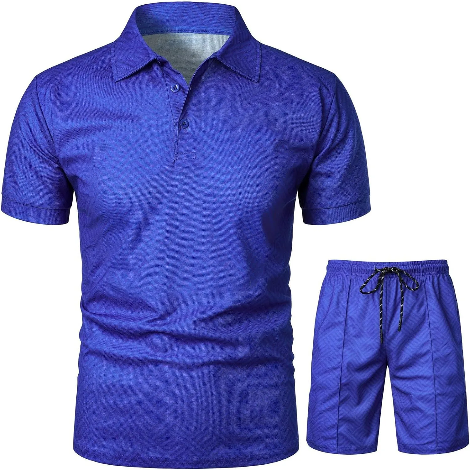 Men's 2 Piece Summer Beach Outfits Quarter Button Lapel Neck T Shirts and Shorts Set Solid Color Hawaiian Sets
