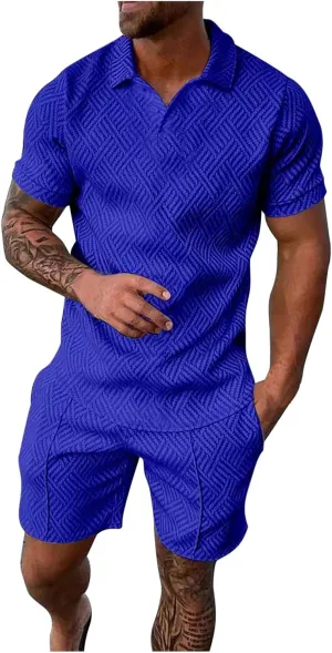 Men's 2 Piece Summer Beach Outfits Quarter Button Lapel Neck T Shirts and Shorts Set Solid Color Hawaiian Sets