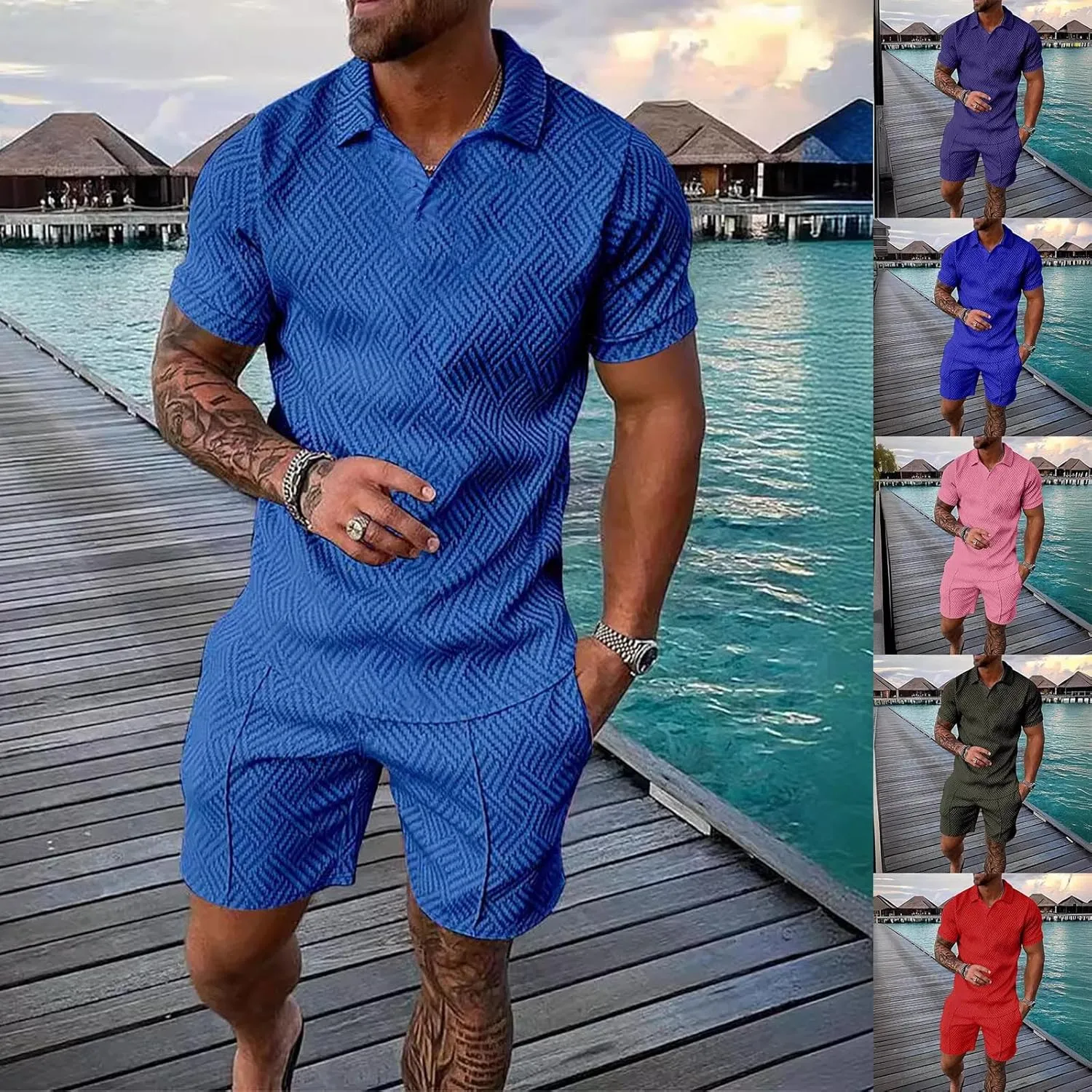 Men's 2 Piece Summer Beach Outfits Quarter Button Lapel Neck T Shirts and Shorts Set Solid Color Hawaiian Sets