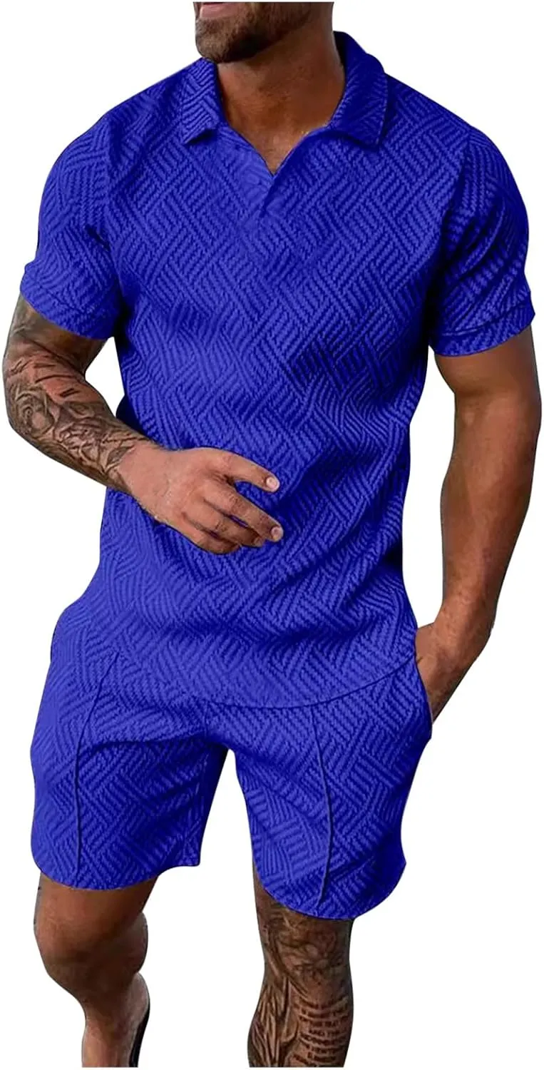 Men's 2 Piece Summer Beach Outfits Quarter Button Lapel Neck T Shirts and Shorts Set Solid Color Hawaiian Sets