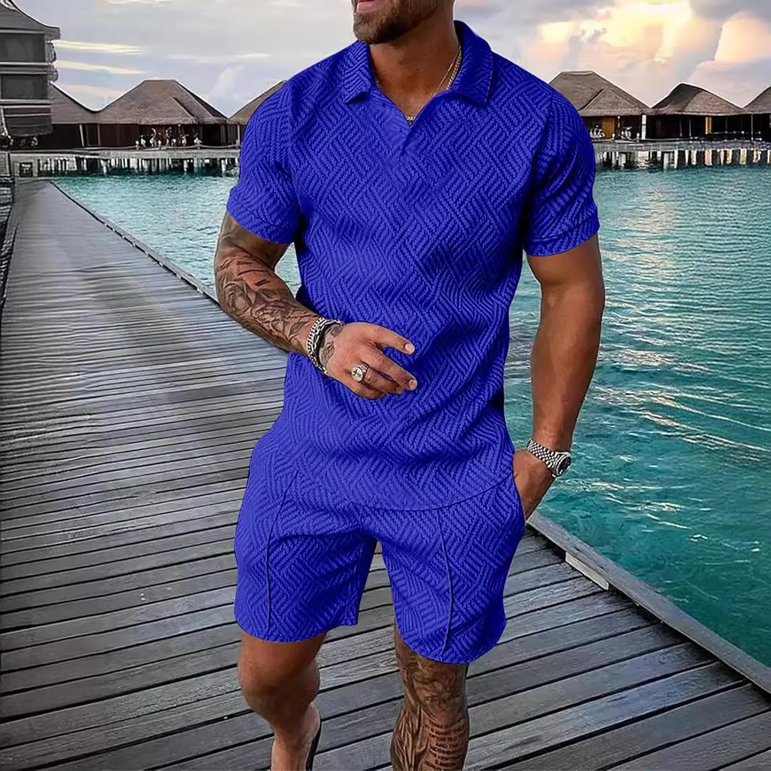 Men's 2 Piece Summer Beach Outfits Quarter Button Lapel Neck T Shirts and Shorts Set Solid Color Hawaiian Sets
