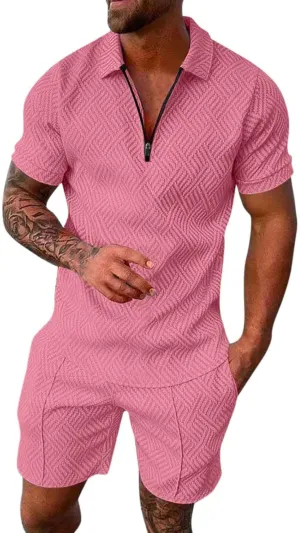 Men's 2 Piece Summer Beach Outfits Quarter Zip T Shirts Short Set Solid Color Big and Tall Comfort Sport Suit