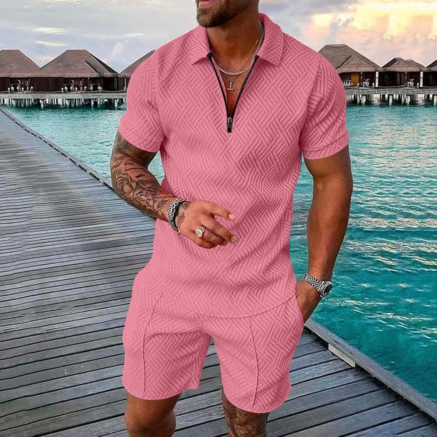 Men's 2 Piece Summer Beach Outfits Quarter Zip T Shirts Short Set Solid Color Big and Tall Comfort Sport Suit