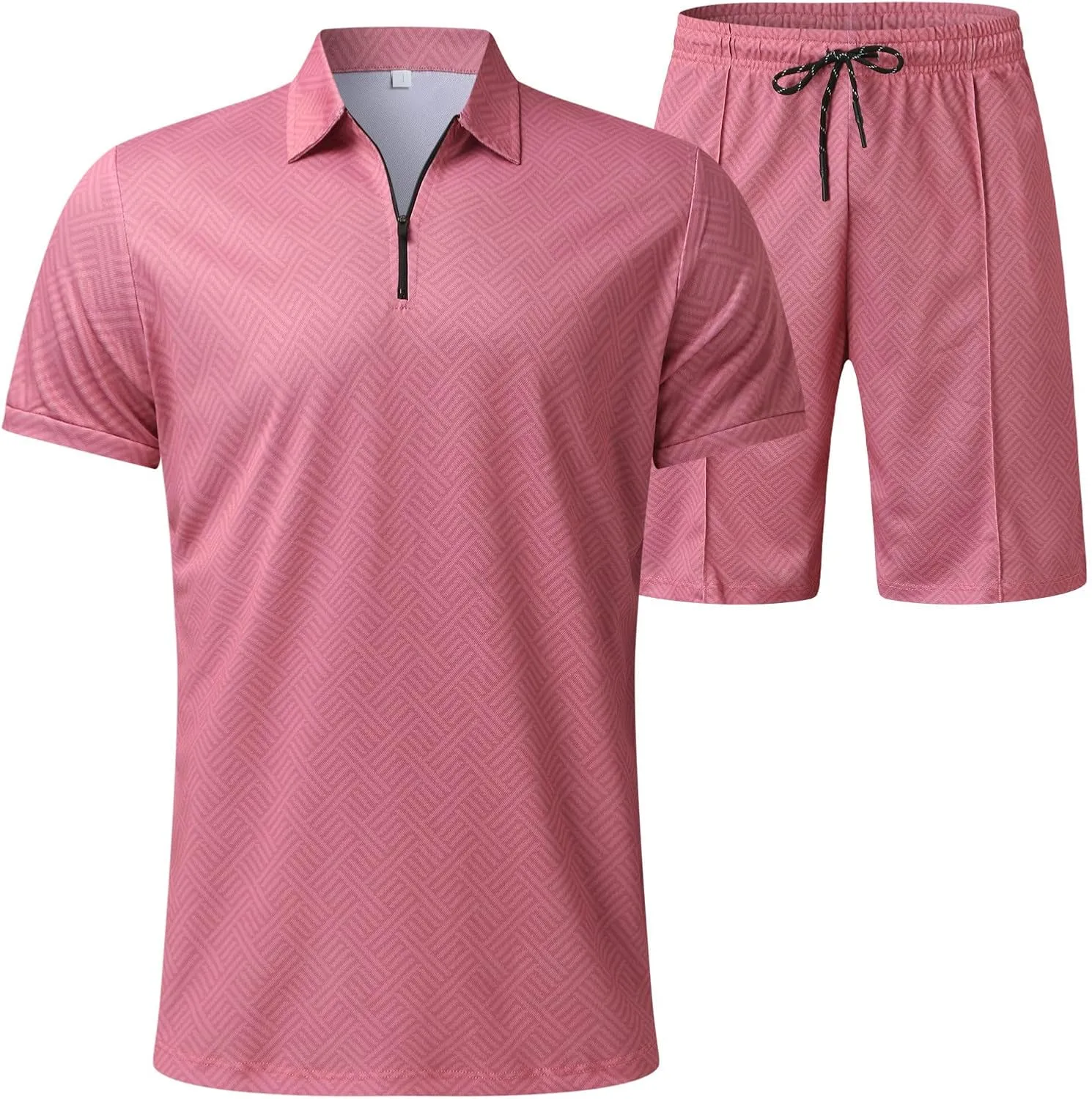 Men's 2 Piece Summer Beach Outfits Quarter Zip T Shirts Short Set Solid Color Big and Tall Comfort Sport Suit
