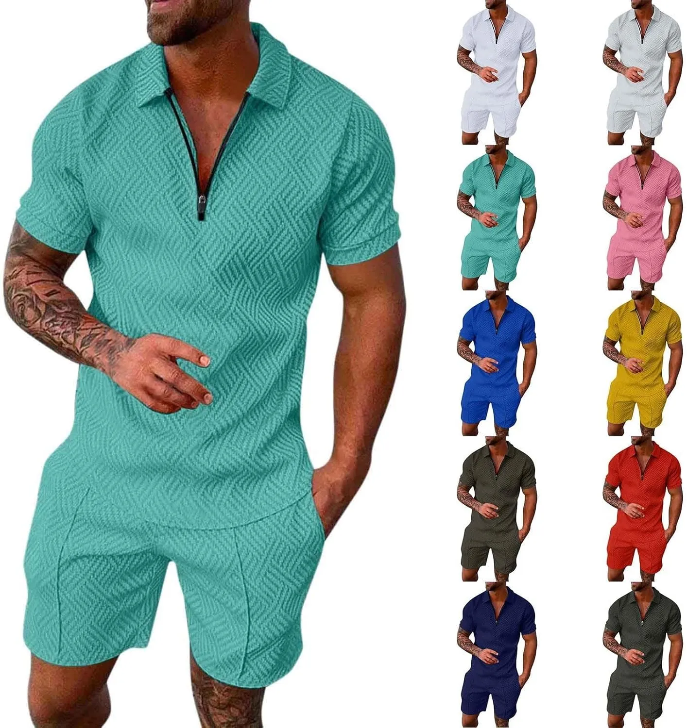 Men's 2 Piece Summer Beach Outfits Quarter Zip T Shirts Short Set Solid Color Big and Tall Comfort Sport Suit