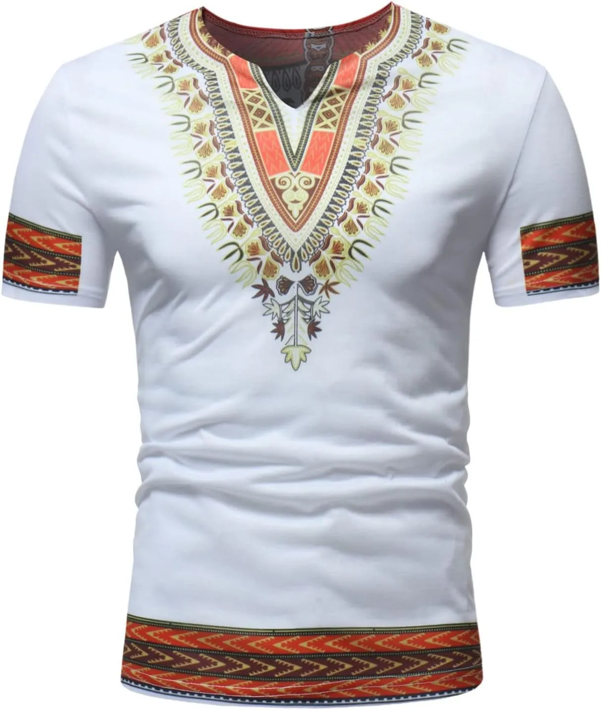 Mens African Dashiki T Shirt Tribal Floral Print V Neck Slim Fit Shirts Tops Casual Short Sleeve Tunic Blouse